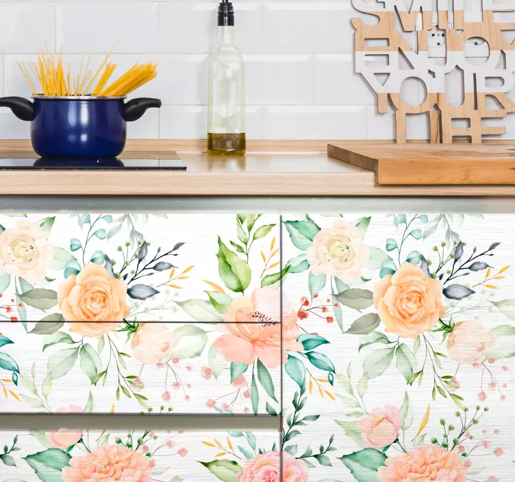 Vinilo para mueble de cocina patrón rosas tonos pastel - TenVinilo