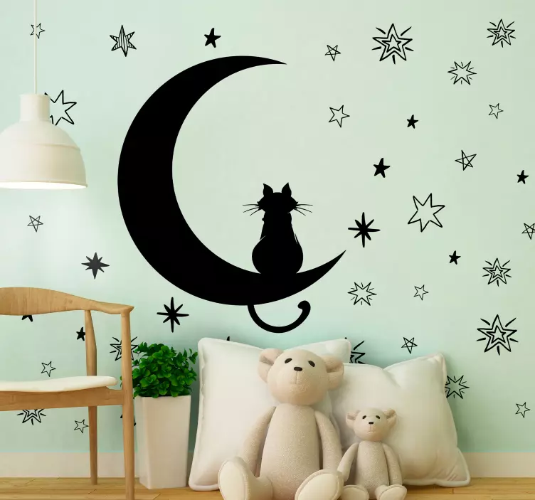 Pegatina de gato Pack 45 vinilos estrellas y gato en luna - TenVinilo