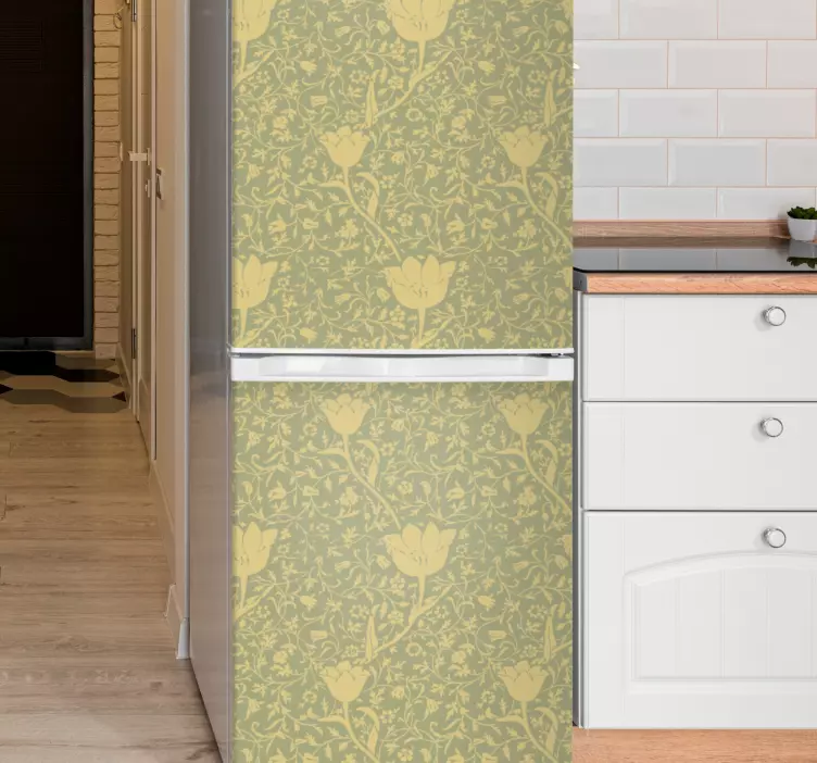 Vinilo para nevera Patrón floral sublte dorado y verde - TenVinilo