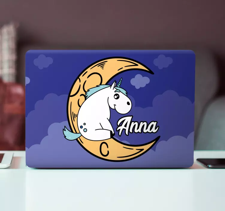 Pegatina para portátil luna de unicornio con nombre - TenVinilo