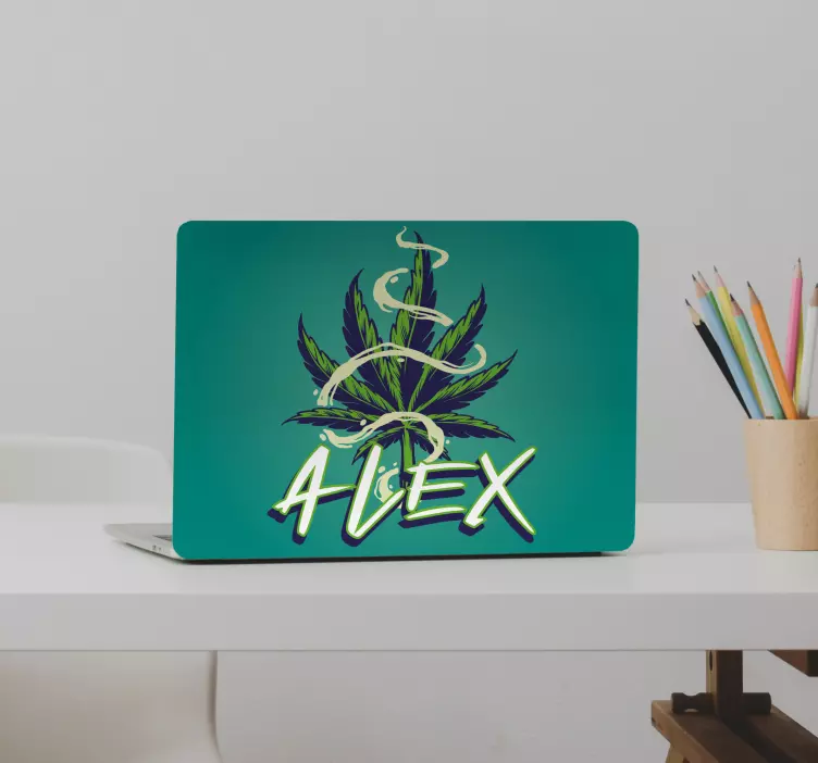 Pegatina para portátil hoja de marihuana con nombre - TenVinilo