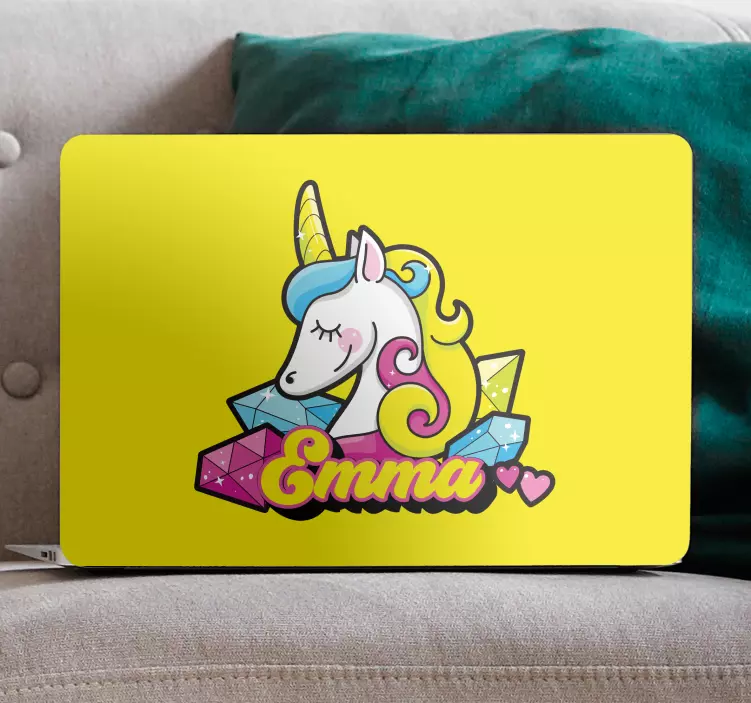 Pegatina para portátil unicornio personalizado con gemas - TenVinilo