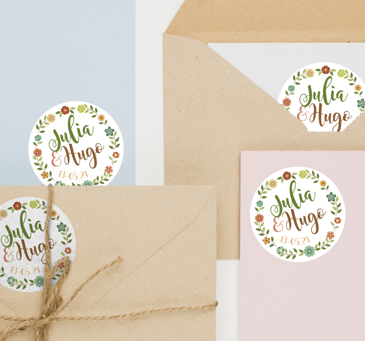 Pegatina boda redonda con corona y nombres - TenVinilo