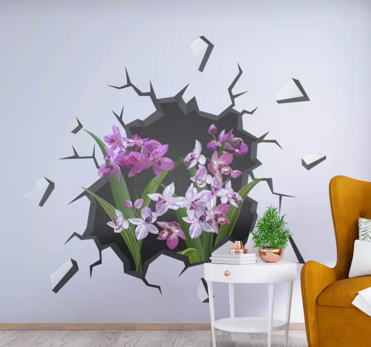 Vinilo pared salón 3D ramo de orquídeas - TenVinilo