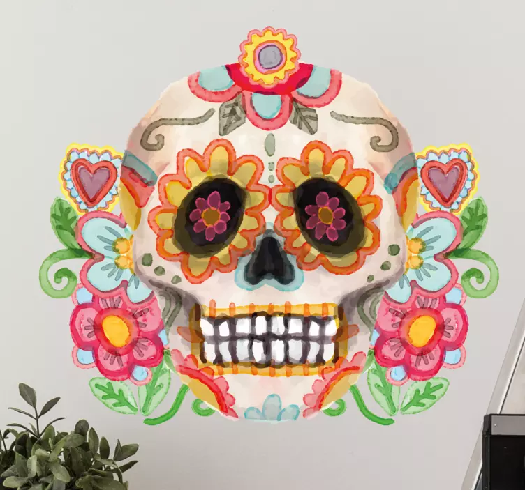 Vinilo pared salón acuarela calavera día de muertos - TenVinilo