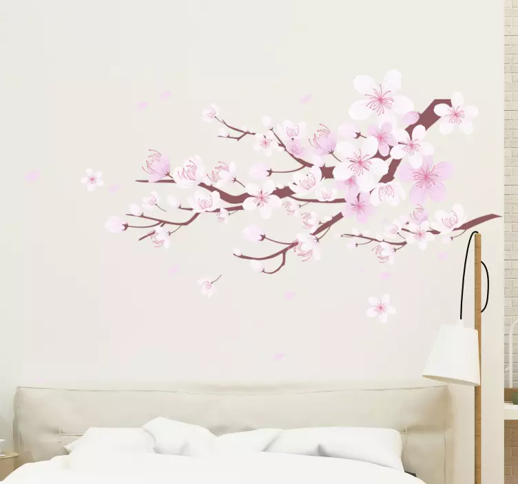 Vinilo pared dormitorio árbol de cerezo con flores - TenVinilo