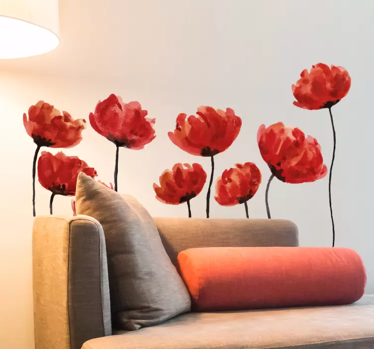 Vinilo decorativo pared salón amapolas acuarela - TenVinilo