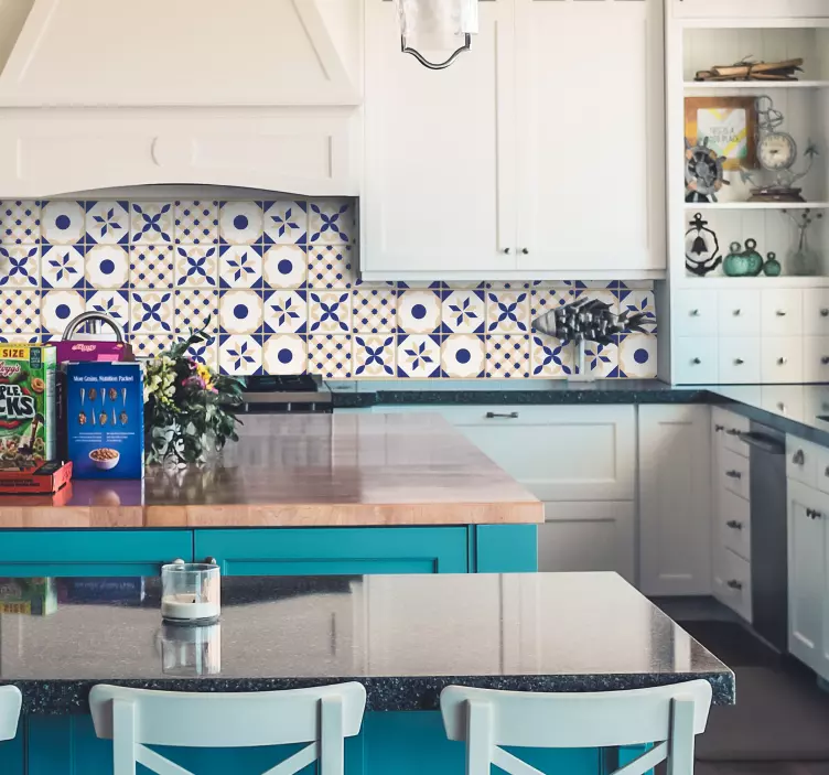 Azulejos adhesivos cerámico azul y beige - TenVinilo