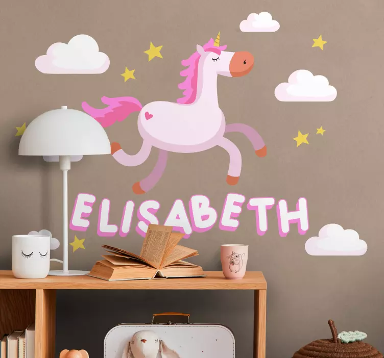 Vinilo cuento infantil Unicornio personalizado con cabello rosa r - TenVinilo