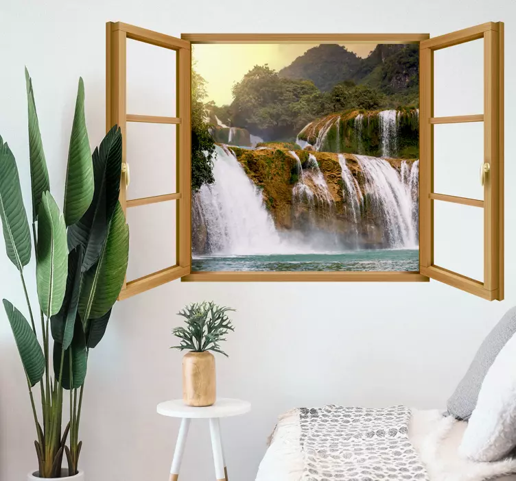 Vinilo pared 3D ventana vistas cataratas Ban Gioc - TenVinilo