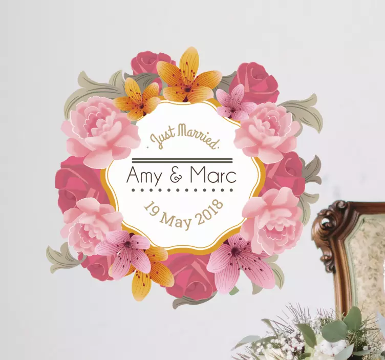 Pegatina boda marco floral personalizado - TenVinilo