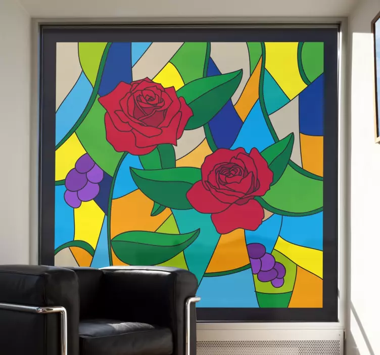 Vinilo para cristal ventana mosaico vidriera con rosas - TenVinilo