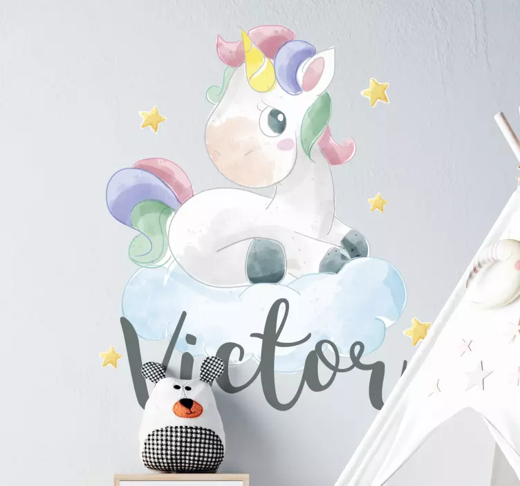 Vinilo personalizable Unicornio acuarela nubes - TenVinilo