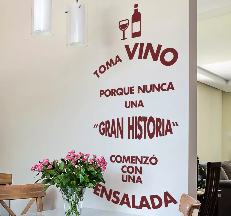 Vinilo para cocina frase vino y ensalada - TenVinilo