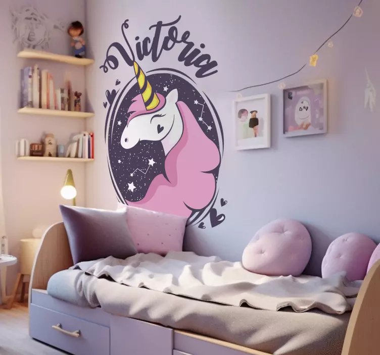 Vinilo dormitorio infantil unicornio con nombre - TenVinilo