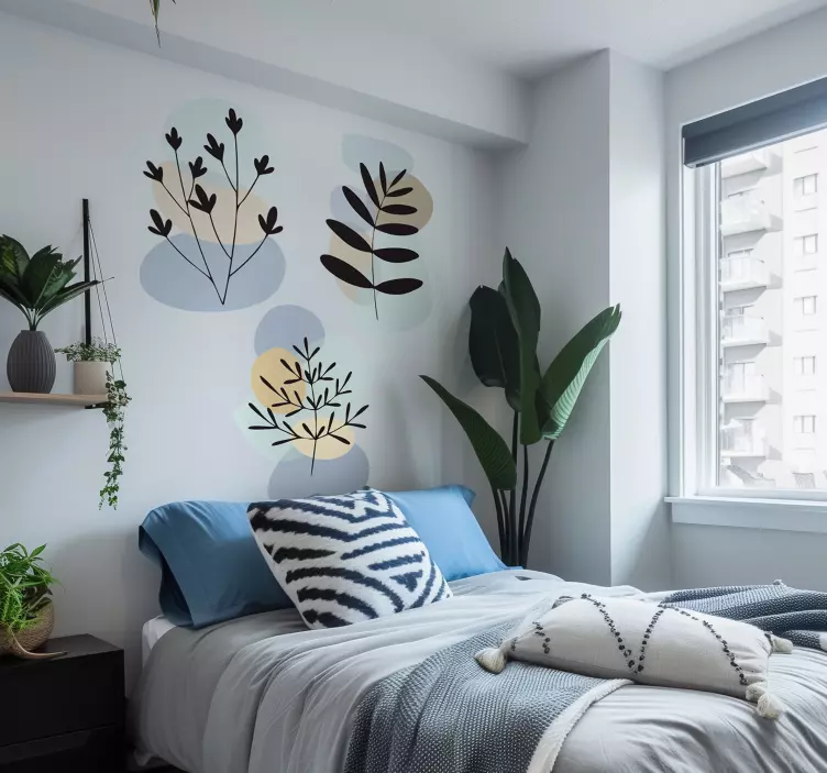 Vinilo decorativo plantas abstractas con círculos tonos pastel - TenVinilo