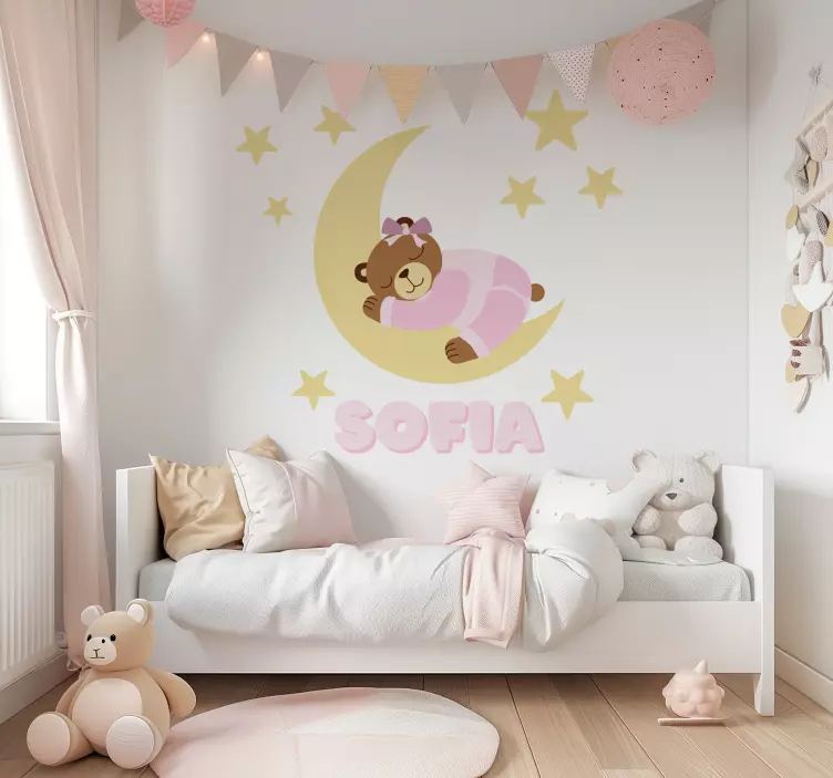 Vinilo infantil oso rosa durmiendo con nombre - TenVinilo