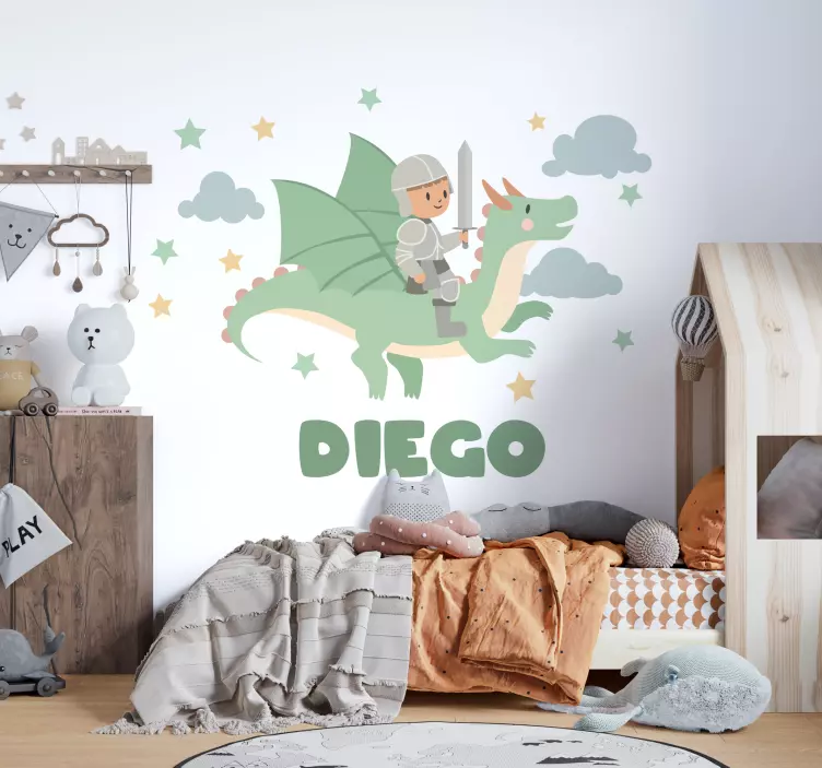 Vinilo infantil caballero en dragón con nombre - TenVinilo