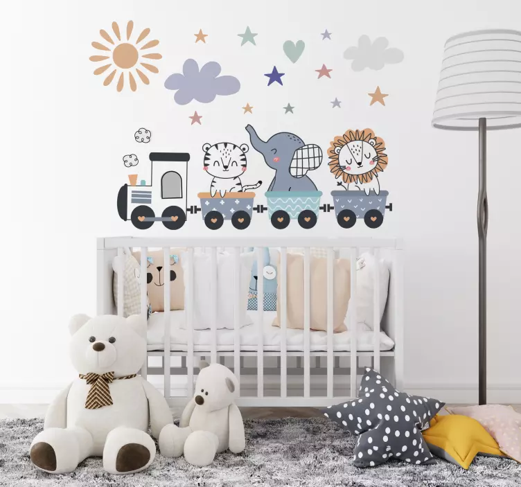 Vinilo infantil animales en tren felices - TenVinilo