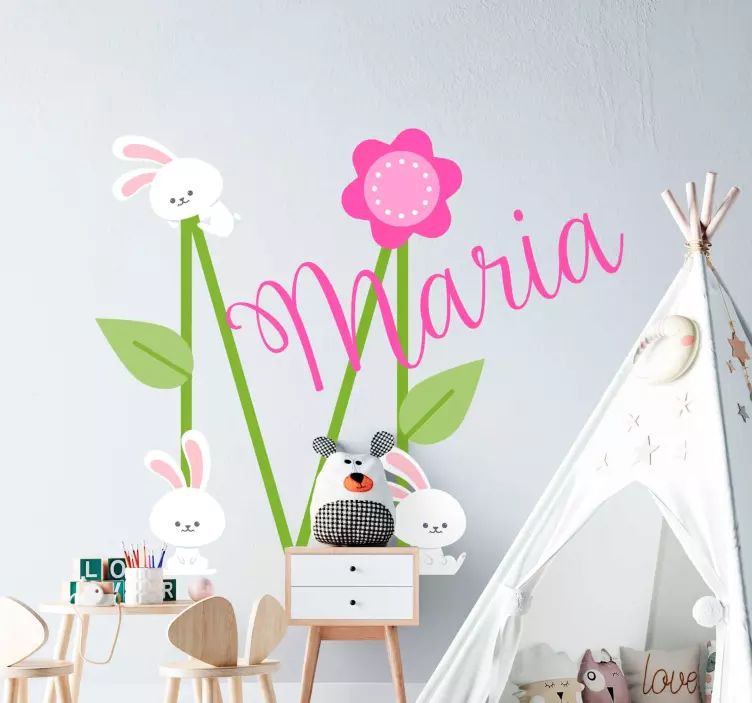 Vinilo infantil diseño personalizado de flores y conejitos - TenVinilo
