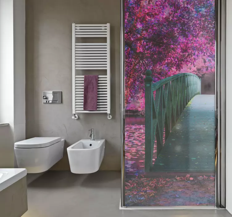 Vinilo mampara ducha paisaje puente otoño - TenVinilo