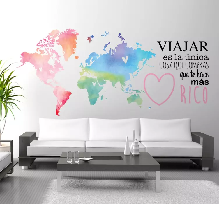 Vinilo mapamundi decorativo texto viajar - TenVinilo