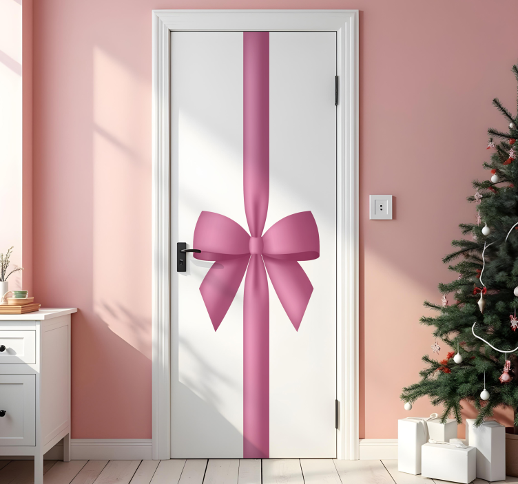 Vinilo navideño cinta de regalo rosa para puerta - TenVinilo