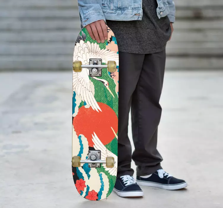 Pegatina para monopatín grúas bajo el sol naciente - TenVinilo