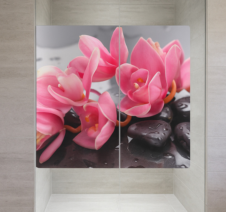 Vinilo para baño orquídeas rosas sobre piedras - TenVinilo