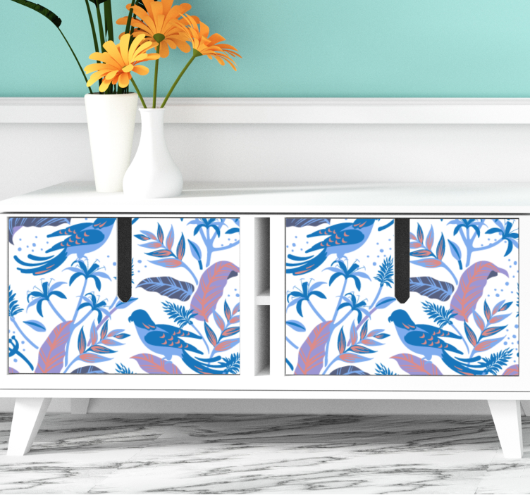 Papel para forrar muebles pájaros azules y rosados - TenVinilo