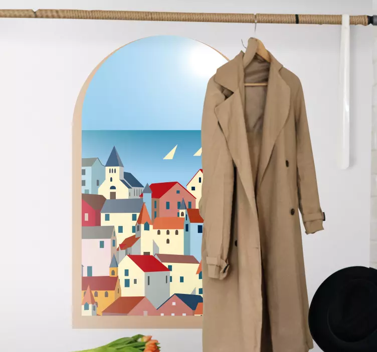 Vinilo 3D ventana con vistas a Grecia dibujado - TenVinilo