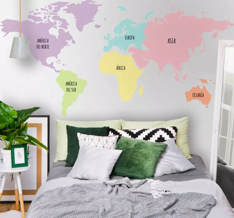 Vinilo mapamundi Continentes colores pastel - TenVinilo