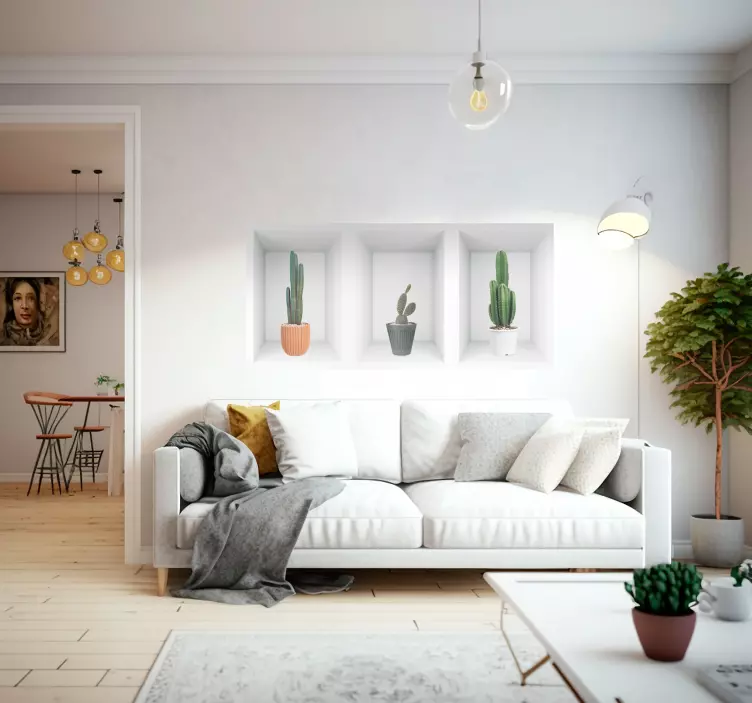 Vinilo pared salón 3d etageres para macetas de cactus. - TenVinilo