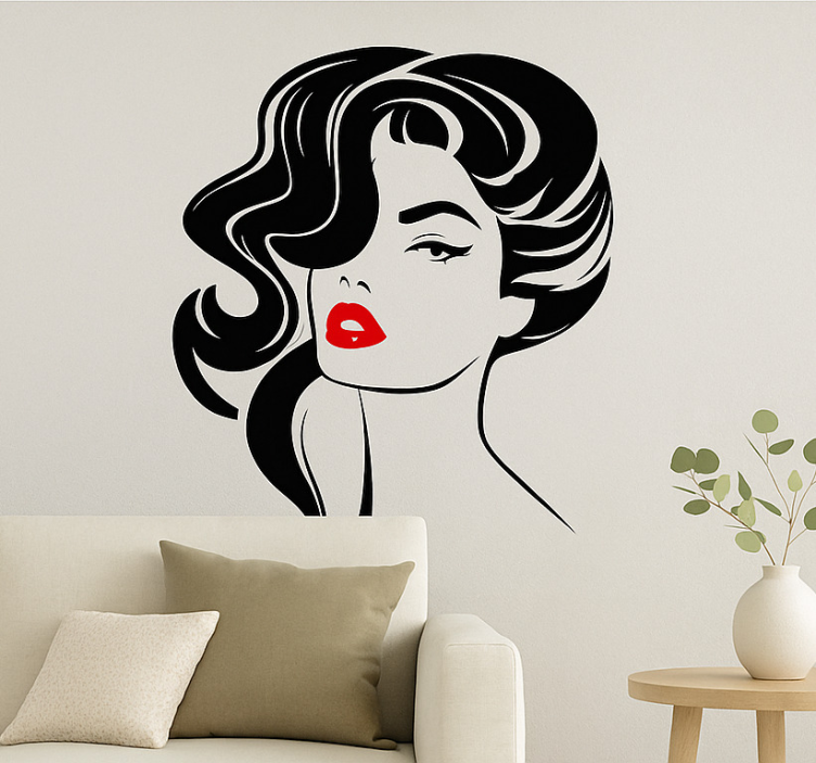 Vinilo pared salón mujer bonita con labios rojos - TenVinilo