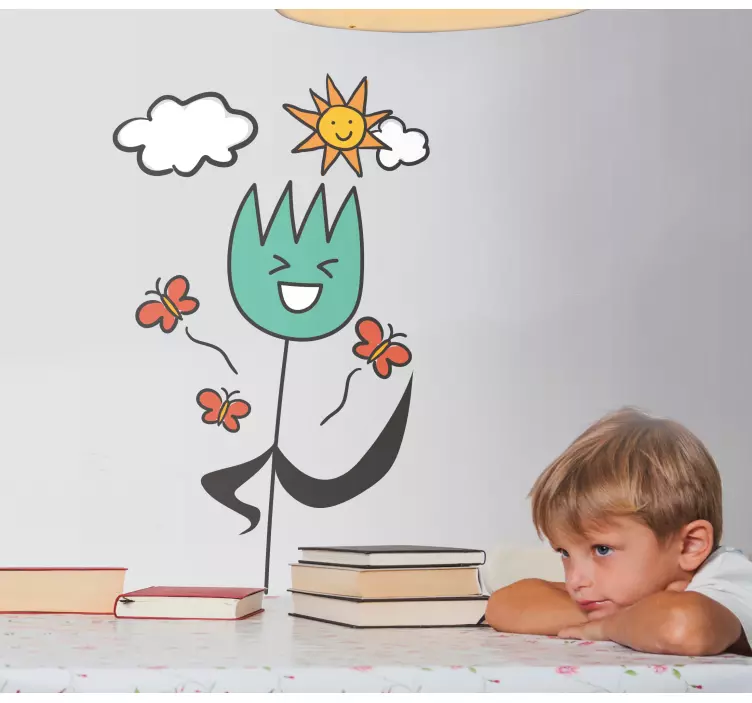 Vinilo para puerta Flor feliz con mariposa - TenVinilo