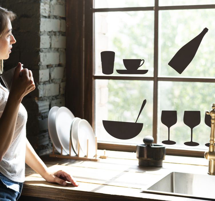 Vinilo para cristal ventana cocina tazas y vasos - TenVinilo