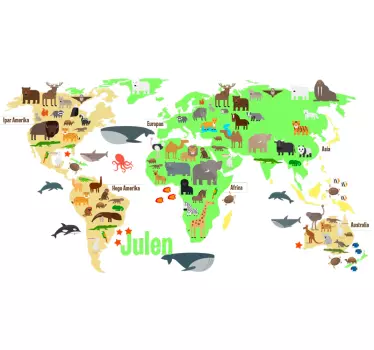 Vinilo Mapamundi Personalizado Animales de la Fauna en Vasco - TenVinilo