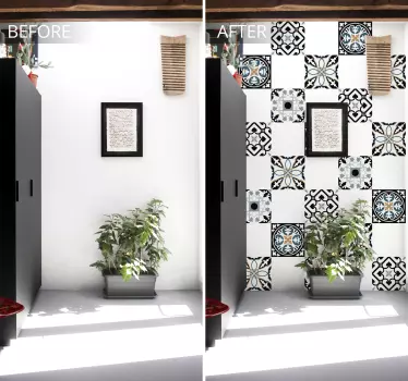 Azulejos vinílicos patrón portugués azul y negro - TenVinilo
