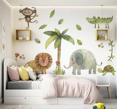 Vinilo pared infantil animales salvajes selva acuarela - TenVinilo