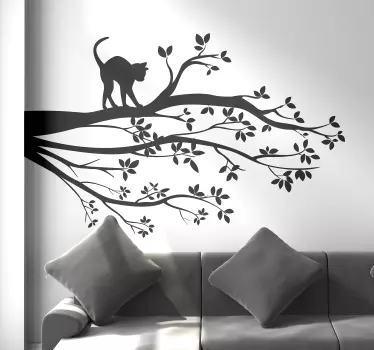 Vinilo decorativo árbol con ramas y gato encima - TenVinilo