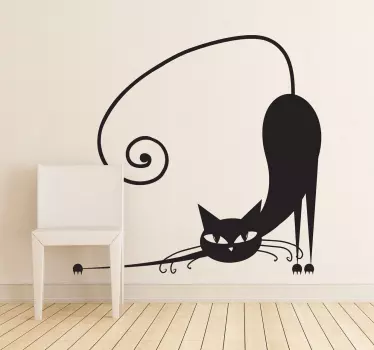 Vinilo pared dormitorio gato elegante estirándose - TenVinilo