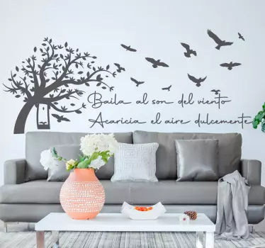 Vinilo pared salón pájaro frase baila con el viento - TenVinilo