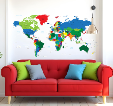 Vinilo mapamundi fronteras países a todo color - TenVinilo