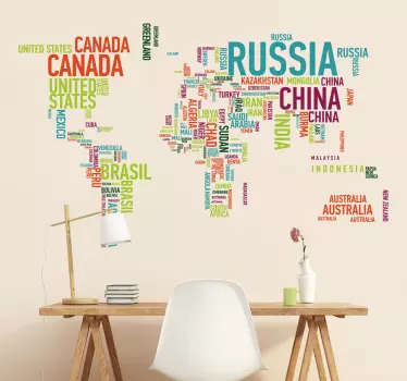 Vinilo mapamundi países colores vivos - TenVinilo