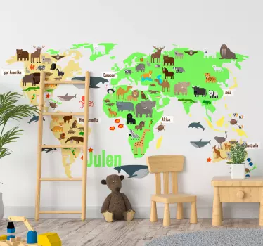Vinilo Mapamundi Personalizado Animales de la Fauna en Vasco - TenVinilo