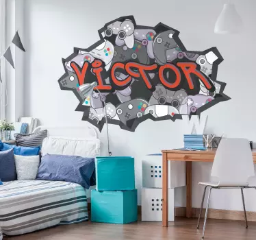 Vinilo habitación juvenil graffiti con nombre de mandos - TenVinilo