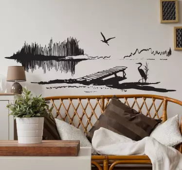 Vinilo decorativo salón paisaje garza - TenVinilo