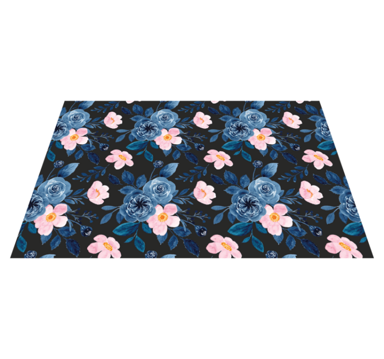 Alfombra vinílica flores patrón azul y rosa sobre negro - TenVinilo