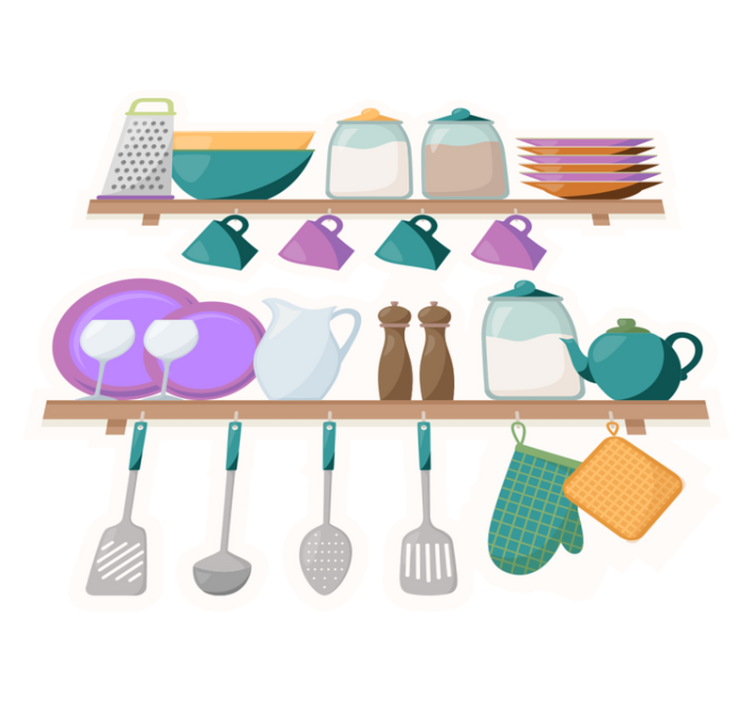 Alfombra vinílica cocina estanterías con utensilios - TenVinilo