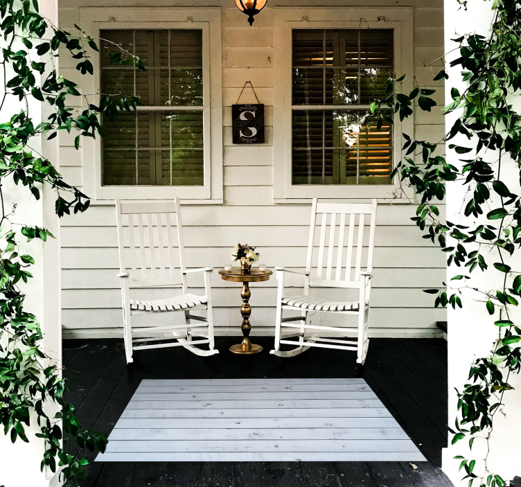 Alfombra vinílica entrada listones madera gris y azul - TenVinilo